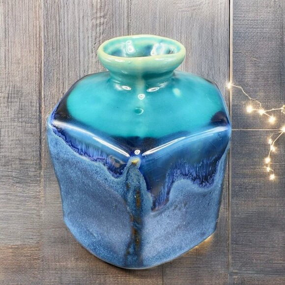 Kotobuki Peppercorn Hexagon Vase Set 2 Made in Japan W Tags Blue Green Glaze VTG - Picture 2 of 16